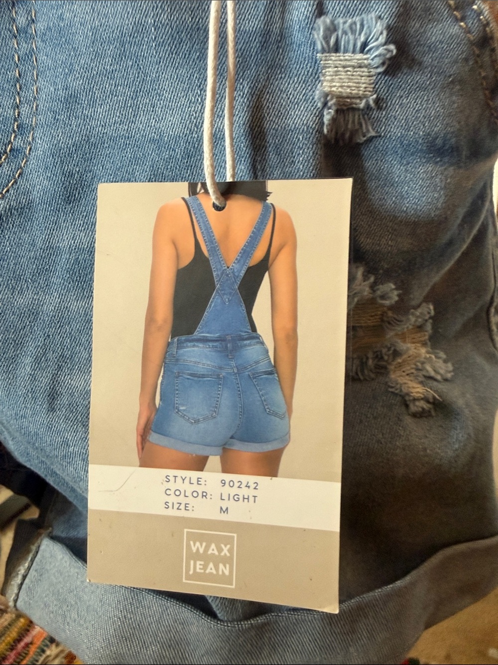 Wax Jean Distressed Denim Short Overalls in Blue - Picture 3 of 4